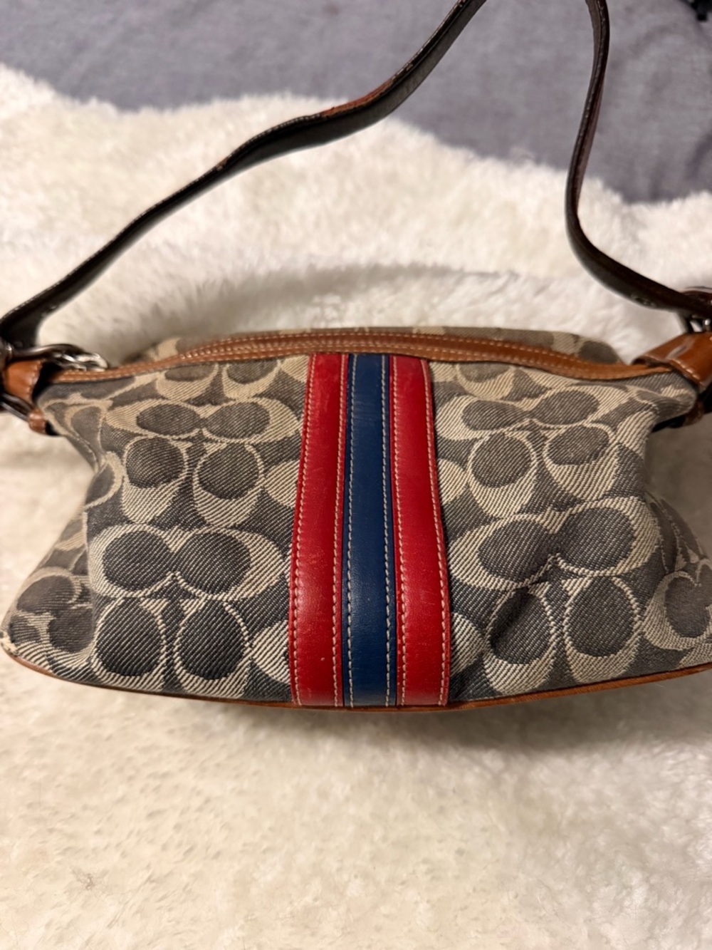 Coach Canvas Shoulder Bag with Red and Blue Center Stripe